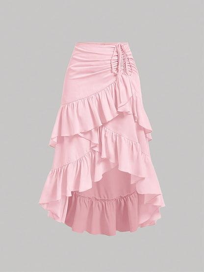 Women's Asymmetrical Pleated Hem Multi-Layer Midi Skirt – Flowy Chiffon-Style 100% Polyester Spring Fall Fashion Tiered Ruffle Swing Skirt