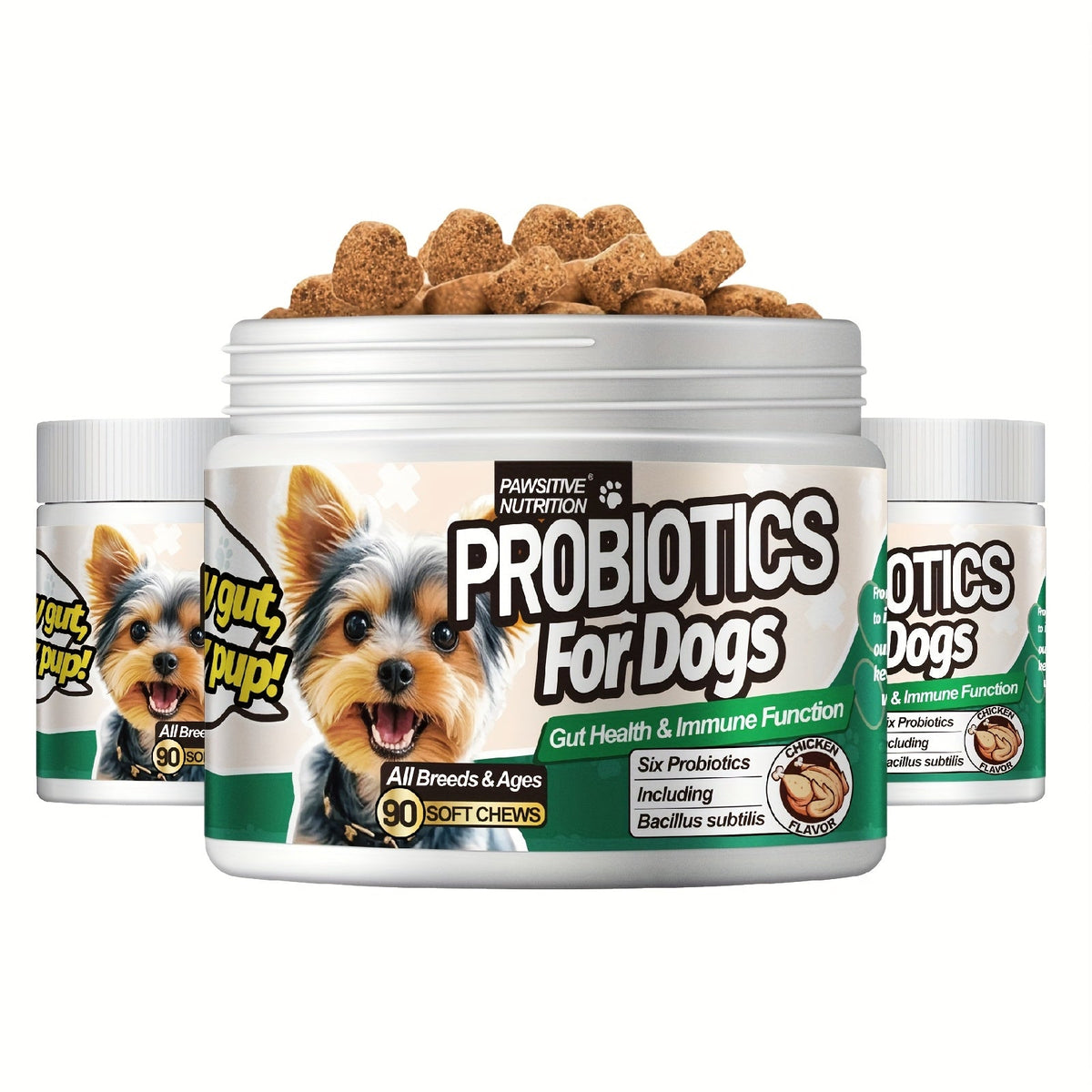 Friandises probiotiques à mâcher pour la santé digestive du chien, 90 unités, goût poulet - Favorise la santé intestinale, pour toutes les races et toutes les tailles, complément quotidien, pack de 1 ou 3 flacons