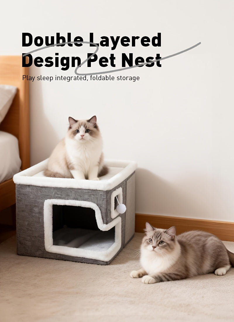 Maison pour chat 3-en-1 d'intérieur – Ottoman luxueux en bois pour dormir, jouer et faire ses griffes, cube refuge pour chats, adapté aux foyers multi-chats, gris clair, taille standard et grande