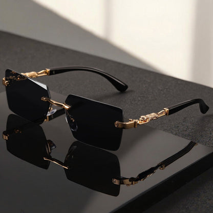 Lunettes de soleil unisexe sans monture motif léopard - Lunettes rectangulaires étroites anti-UV400 noir et doré, lunettes de mode haut de gamme pour hommes et femmes, étui et chiffon inclus, idéales pour les fêtes, les voyages et les festivals