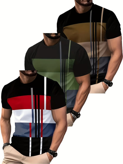 Lot de 3 t-shirts de sport pour homme, évacuation de l'humidité, col rond, manches courtes, style color-block, respirants, pour la salle de sport, polyester léger 130 g/m², coupe droite S-XXXL, t-shirts de sport lavables en machine