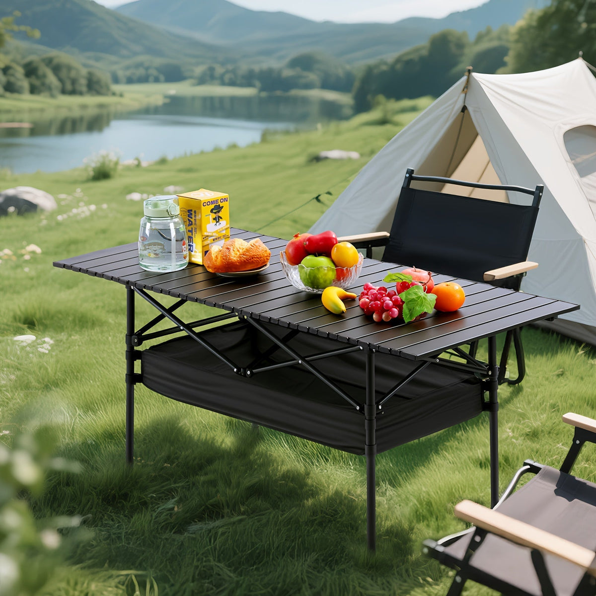 Table de camping pliante portable en aluminium, légère, pour pique-nique en plein air, avec filet de rangement et sac de transport – Hauteur réglable 95 cm, facile à ranger, pour camping, plage, jardin, barbecue, fête et terrasse