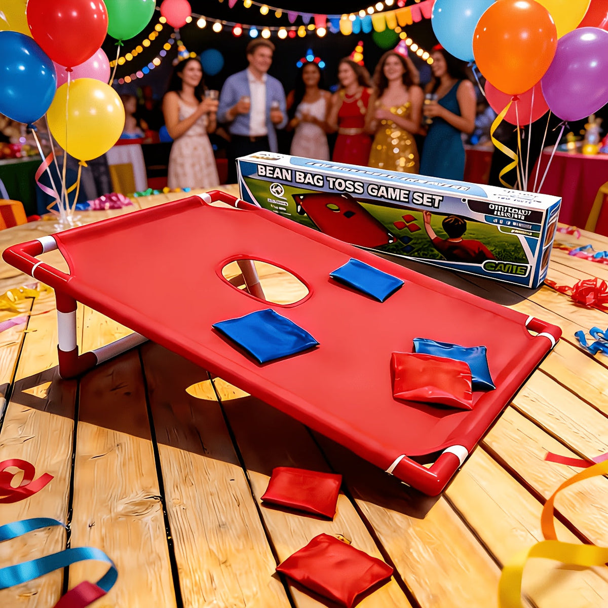 Jeu de cornhole avec 6 sacs de haricots, plateau bicolore et sac de transport pour jardin, fête en plein air, plage, camping, divertissement en intérieur – Coffret cadeau inclus Rouge Bleu
