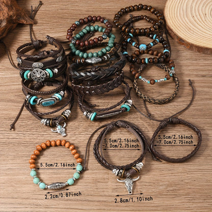 Lot de 24 bracelets bohèmes style western turquoise – Superpositions de bracelets tissés avec plumes, perles en bois et breloques en alliage, bracelets rétro empilables pour femme, cadeau idéal ou souvenir de fête