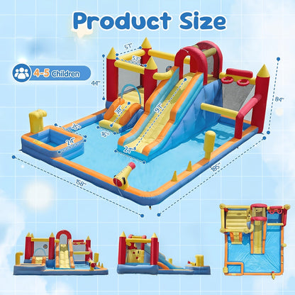 Château gonflable aquatique 13-en-1 avec souffleur 550W, double toboggan, pataugeoire, canon à eau, mur d'escalade, panier de basket, jeux de pêche et de lancer d'anneaux - Parc aquatique pour enfants pour le jardin, idéal pour l'été