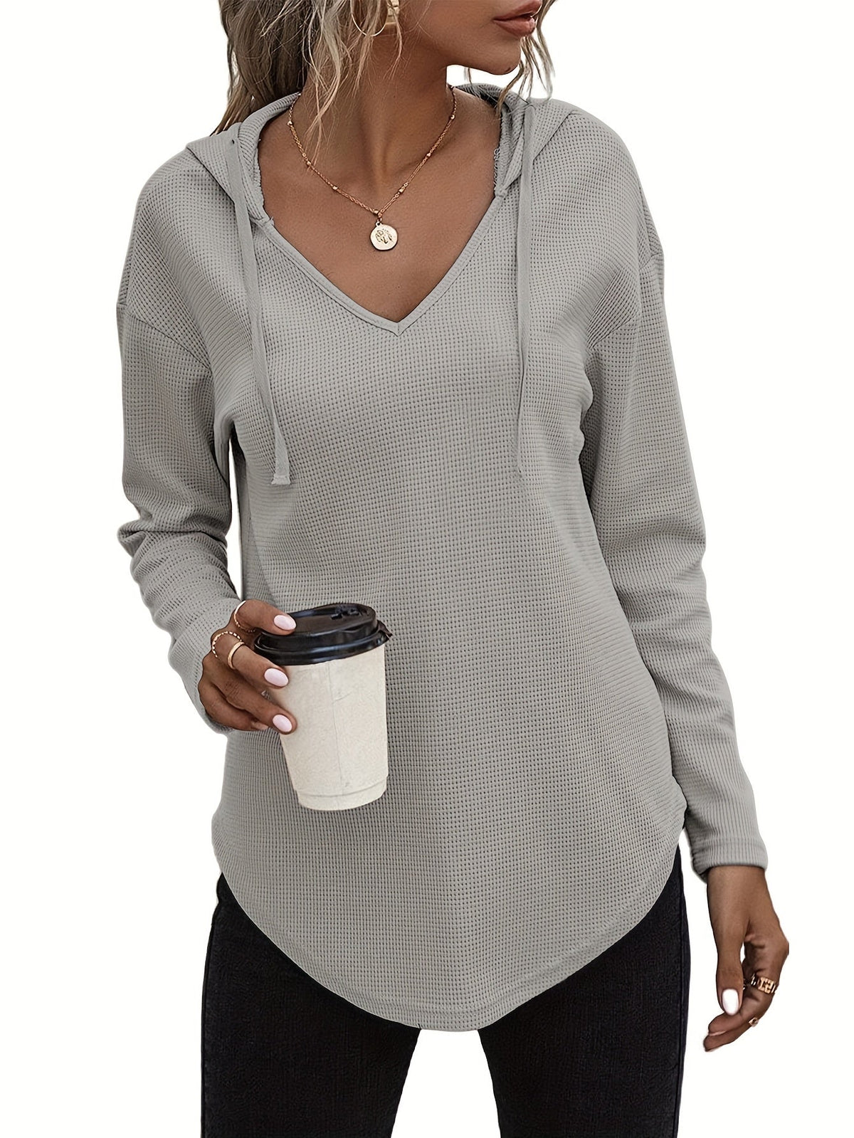 Sweat-shirt à capuche pour femme avec ourlet asymétrique, col en V et cordon de serrage - Pull décontracté à manches longues en maille pour l'automne et l'hiver