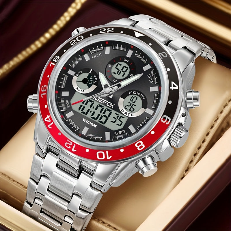 Montre chronographe d'affaires vintage pour homme avec bracelet en acier – Montre-bracelet étanche à double mouvement avec outil de réglage de bracelet, cadeau d'anniversaire ou de fête des pères pour homme