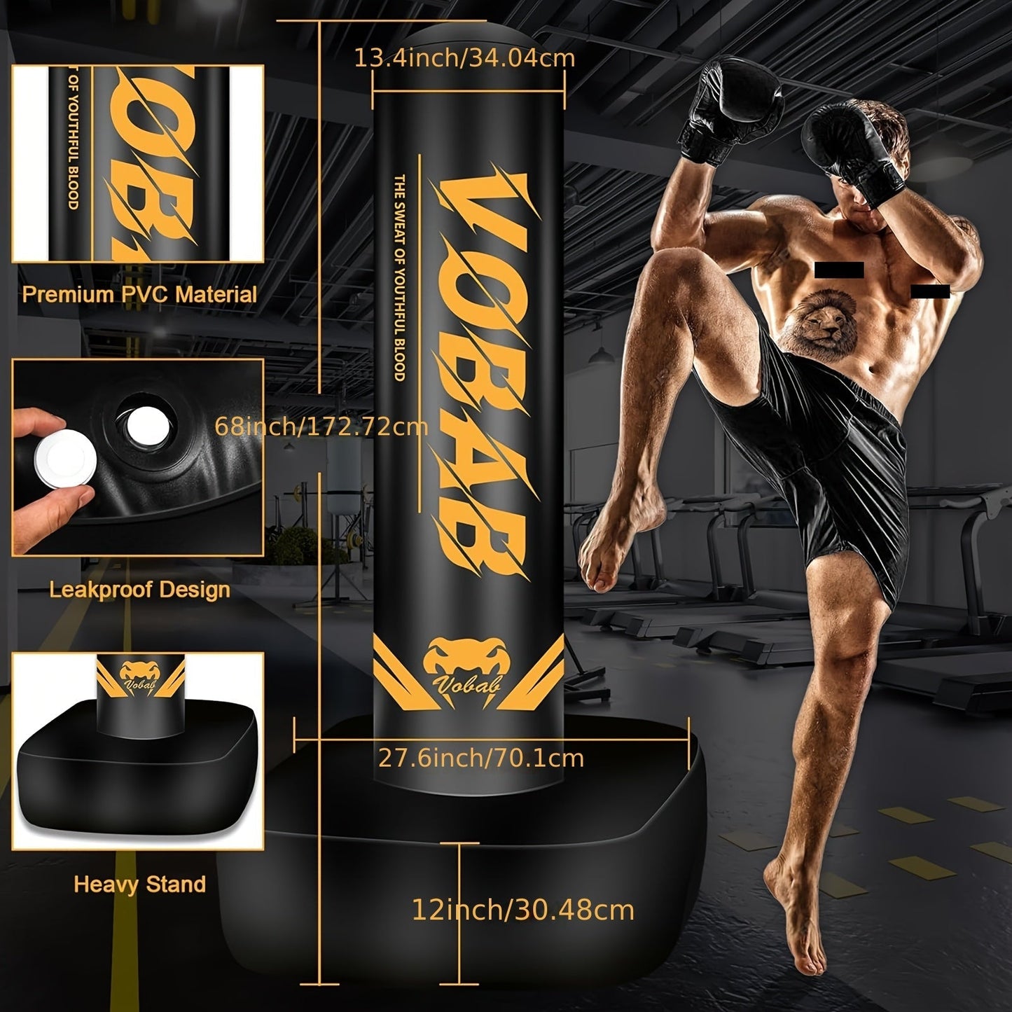 70-Inch Freestanding Punching Bag with Stand – Heavy Duty MMA Kickboxing Karate Training Bag for Adults Men & Women Beginners, Home Gym Boxing Equipment, Black Yellow