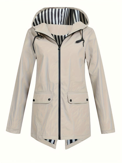 Women's Striped Lined Hooded Windbreaker Jacket Fall Winter Zip Up Outerwear – 8 Colors Sizes S-XXL Lightweight Water-Resistant