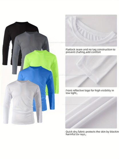 Lot de 5 t-shirts à manches longues pour homme – T-shirt de sport à séchage rapide, 100 % polyester, anti-humidité, S-3XL, idéal pour la course, l'entraînement, la randonnée, le golf et le quotidien