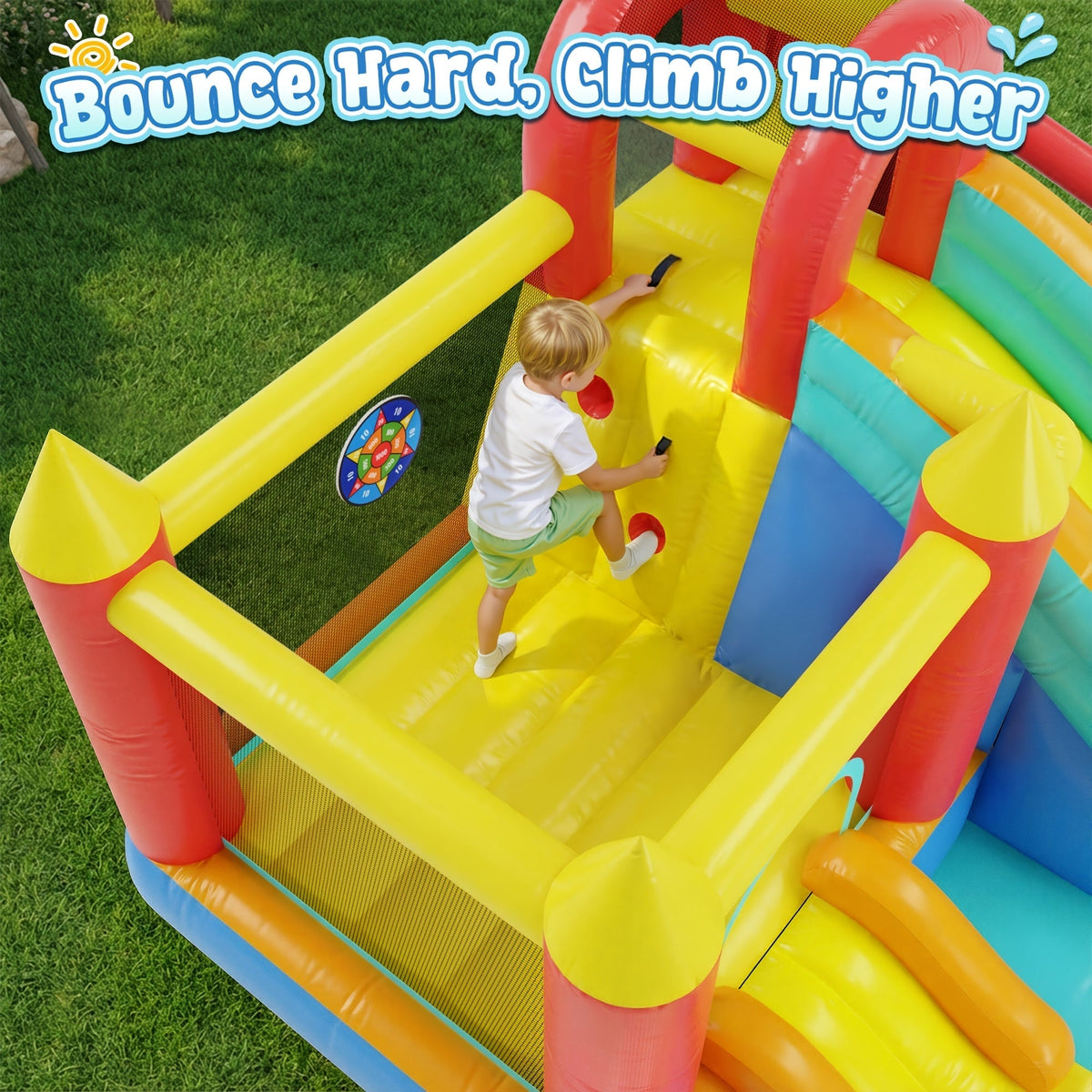 Château gonflable aquatique 13-en-1 avec souffleur 550W, double toboggan, pataugeoire, canon à eau, mur d'escalade, panier de basket, jeux de pêche et de lancer d'anneaux - Parc aquatique pour enfants pour le jardin, idéal pour l'été
