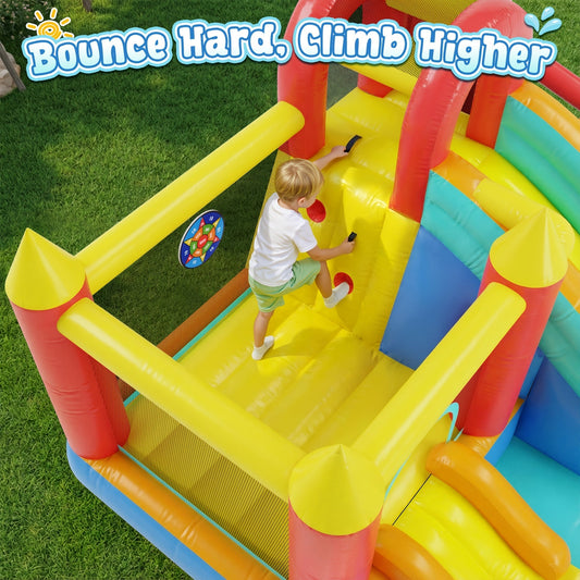 Château gonflable aquatique 13-en-1 avec souffleur 550W, double toboggan, pataugeoire, canon à eau, mur d'escalade, panier de basket, jeux de pêche et de lancer d'anneaux - Parc aquatique pour enfants pour le jardin, idéal pour l'été