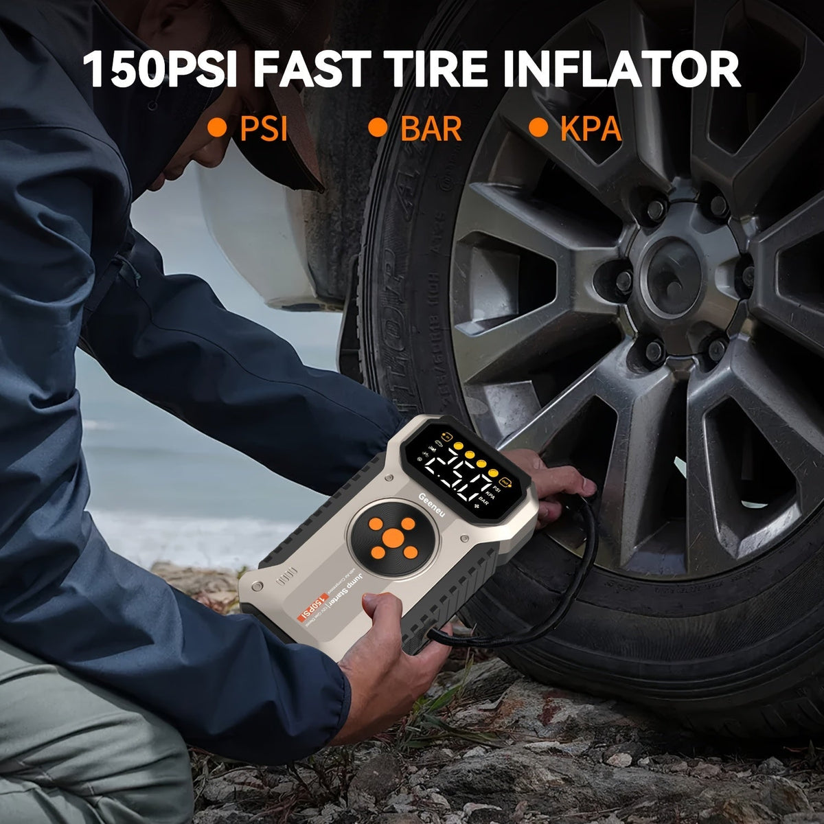 Démarreur de voiture 5000A avec compresseur d'air 150 PSI – Batterie de secours portable 12000 mAh, gonfleur de pneu numérique, USB-C et USB-A, lampe de secours LED pour moteurs essence et diesel 12V