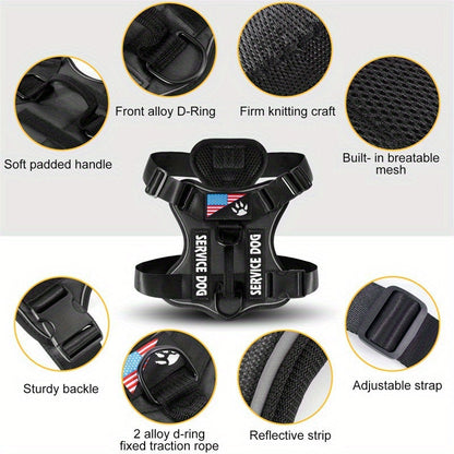 Harnais anti-traction pour chien avec gilet réfléchissant et 5 écussons – Harnais de service réglable en maille Oxford souple, avec attaches avant et arrière pour chiens de petite, moyenne et grande taille, de XS à XL
