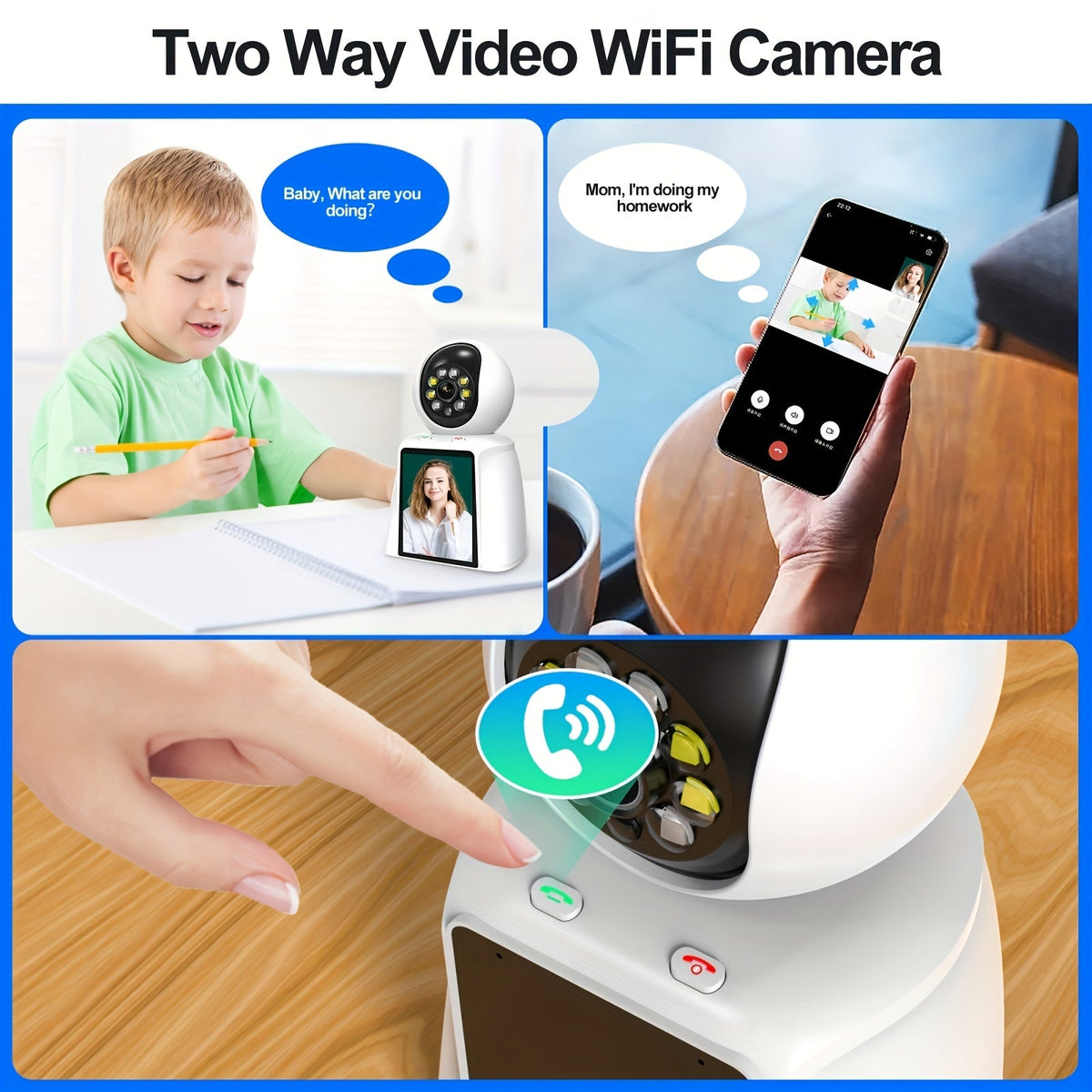 Caméra intérieure WiFi PTZ avec écran intégré de 3 pouces, appel vidéo HD 3MP, audio bidirectionnel, vision nocturne couleur, détection par IA, moniteur pour animaux, bébé et personnes âgées, caméra de sécurité domestique avec contrôle par application