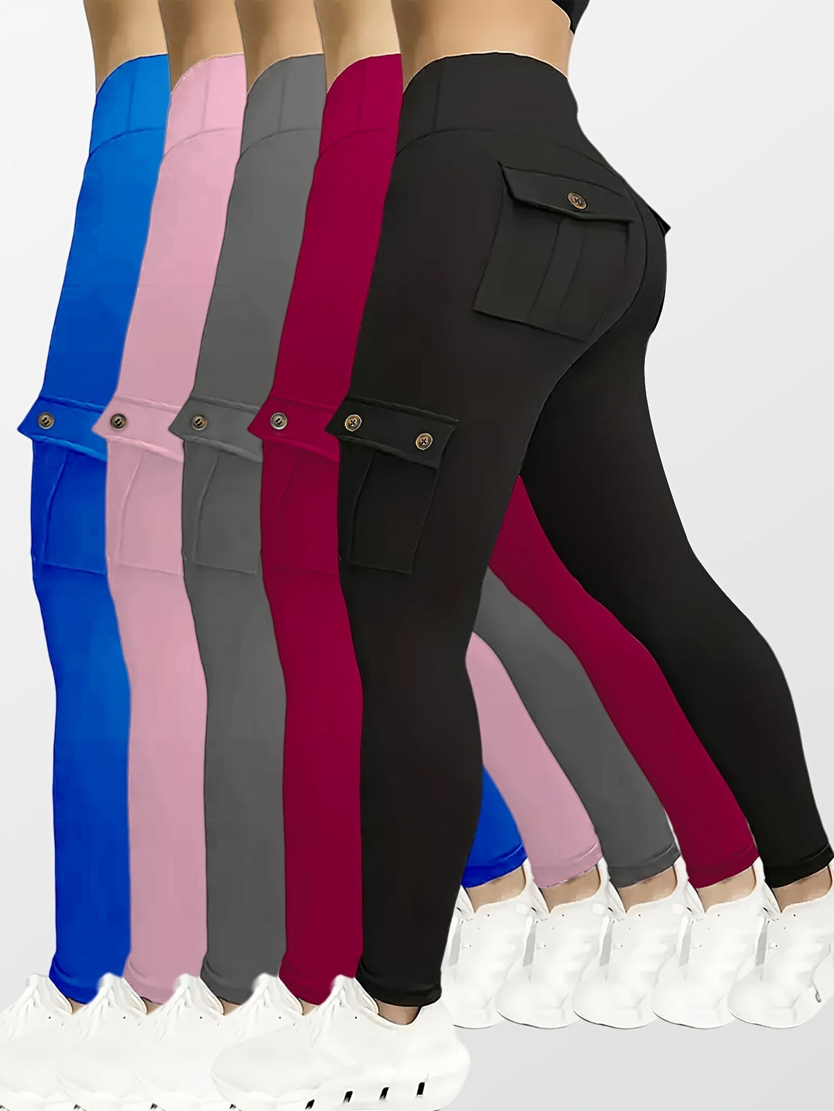Lot de 5 leggings de yoga taille haute pour femme avec poches, élastiques et extensibles, leggings de sport pour la course à pied, S-XXL, couleurs unies noir bleu marine gris rose rouge, poches à rabat avec bouton, ensemble de vêtements de sport
