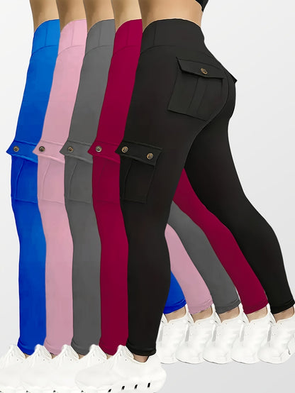 Lot de 5 leggings de yoga taille haute pour femme avec poches, élastiques et extensibles, leggings de sport pour la course à pied, S-XXL, couleurs unies noir bleu marine gris rose rouge, poches à rabat avec bouton, ensemble de vêtements de sport