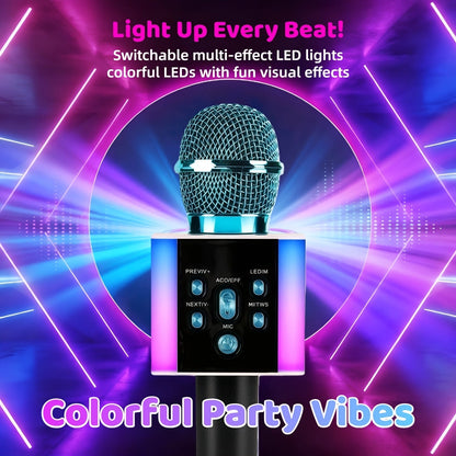Microphone karaoké sans fil 5-en-1 avec haut-parleur intégré, lumières LED et changeur de voix – Micro de chant Bluetooth portable pour fêtes, réunions de famille, voyages et activités en plein air, 10 couleurs
