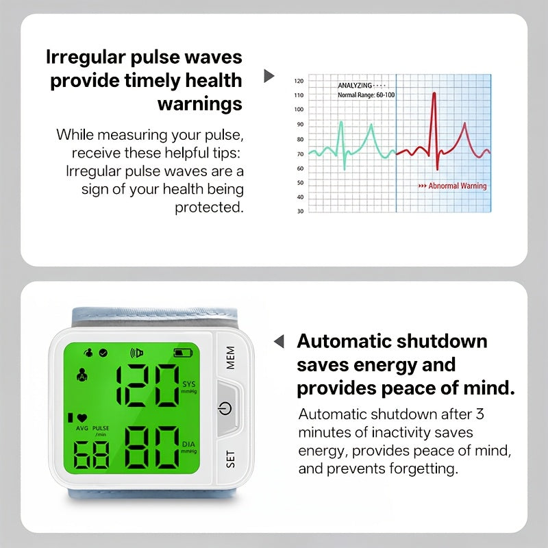 Tensiomètre au poignet numérique automatique – Grand écran LCD, fréquence cardiaque, détection de l'arythmie, portable pour usage domestique, seniors et adultes