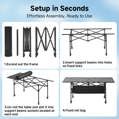 Table de camping pliante portable en aluminium, légère, pour pique-nique en plein air, avec filet de rangement et sac de transport – Hauteur réglable 95 cm, facile à ranger, pour camping, plage, jardin, barbecue, fête et terrasse
