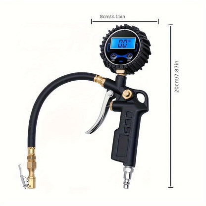 Gonfleur de pneu numérique avec manomètre – 200 PSI, écran LCD rétroéclairé, 4 unités (PSI/BAR/KPA/KGF), mandrin en laiton, 3 connecteurs, pour voiture, camion, moto et vélo | Velora
