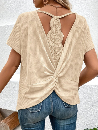 Women's Lace Patchwork T-Shirt - Solid Color Short Sleeve Top Casual Summer Blouse Elegant Fashion Ladies Tee New Arrival