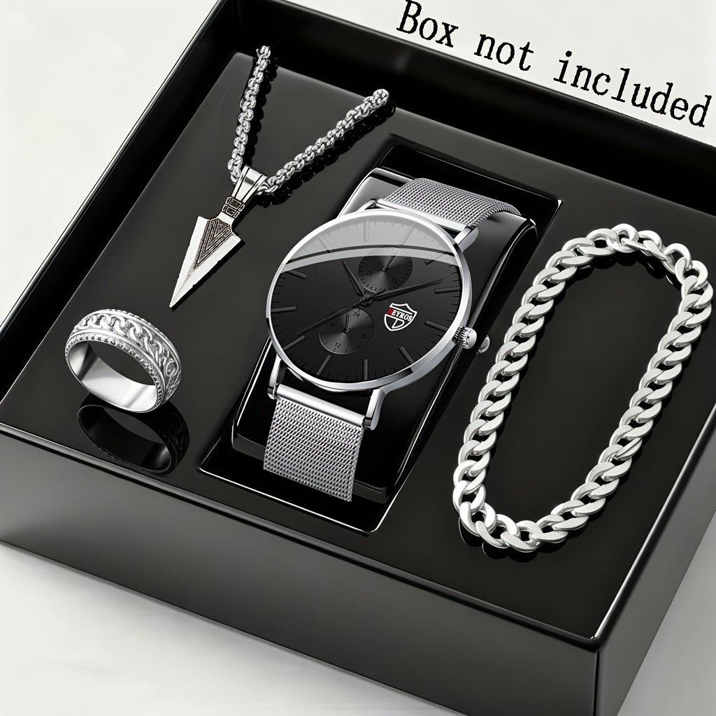 Coffret cadeau montre à quartz et bracelet pour homme, 4 pièces - Montre élégante à boîtier en alliage et cadran rond, style sport, décontracté et professionnel, avec bracelet assorti pour le quotidien, les anniversaires et les fêtes.
