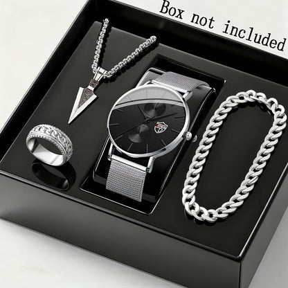 Coffret cadeau montre à quartz et bracelet pour homme, 4 pièces - Montre élégante à boîtier en alliage et cadran rond, style sport, décontracté et professionnel, avec bracelet assorti pour le quotidien, les anniversaires et les fêtes.