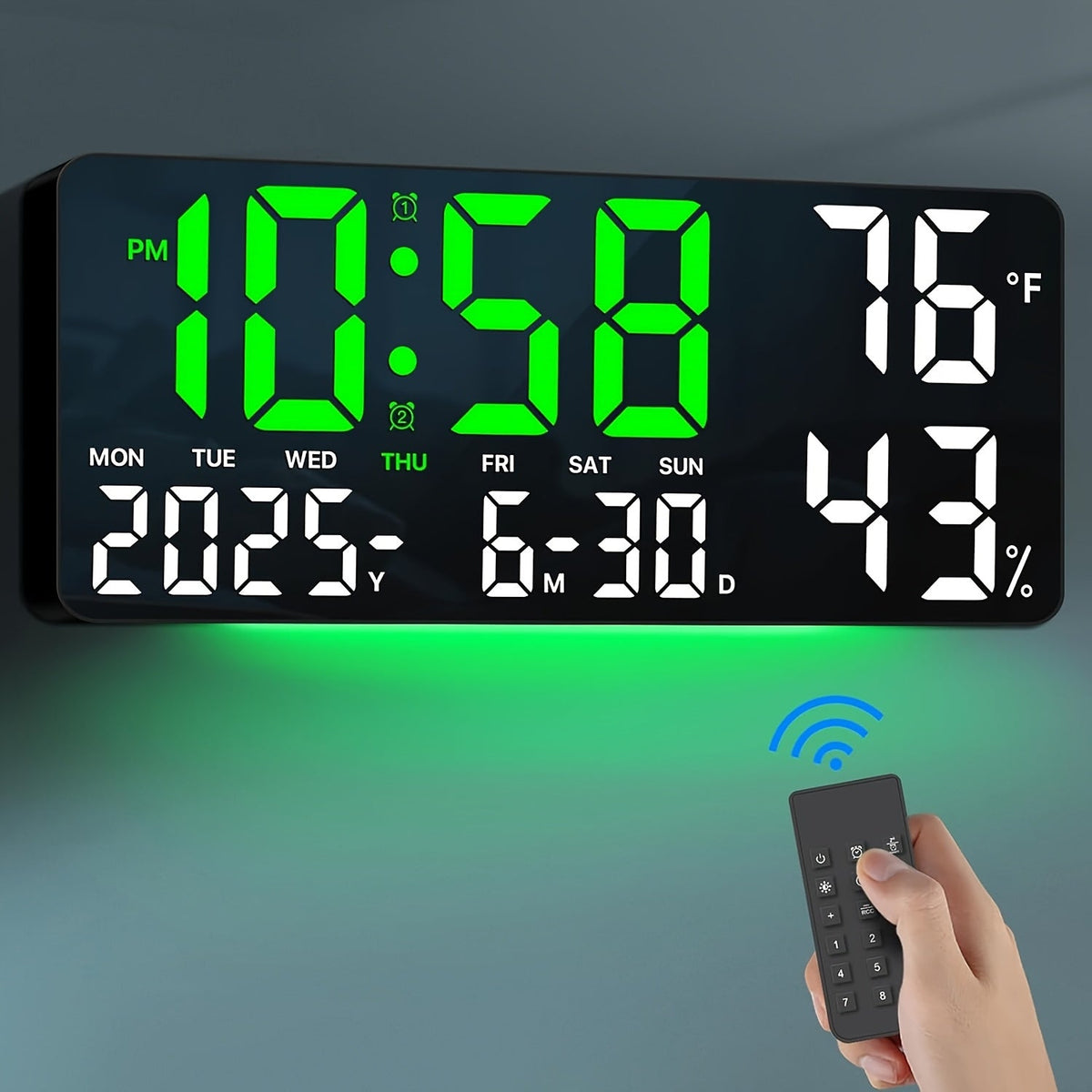 Réveil LED à grand écran avec télécommande à atténuation automatique – Horloge numérique de 15 pouces affichant l'heure, la date, le jour de la semaine, la température et l'humidité – Horloge de chevet pour seniors, salon, bureau