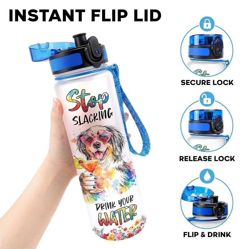 Gourde Bouvier bernois 950 ml avec marqueur temporel et couvercle rabattable – Gourde de sport motivante avec suivi d'hydratation et dragonne, cadeau réutilisable sans BPA pour les amoureux des chiens