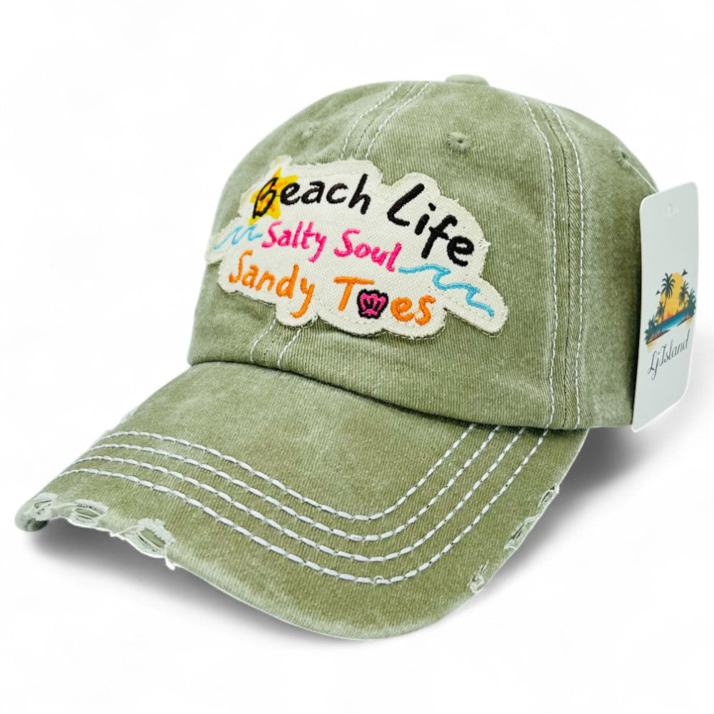 Casquette de baseball brodée, style vintage effet usé, motif « Beach Life Salty Soul Sandy Toes » – Design d'artiste local, 100 % coton, protection UV, réglable, chapeau de soleil côtier, cadeau pour amoureux de la plage