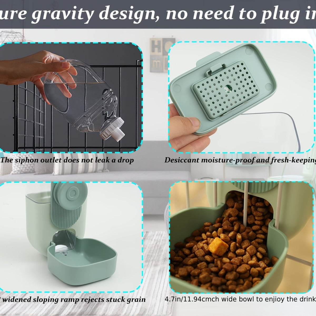 Ensemble distributeur de nourriture et d'eau suspendu pour animaux 1L - Distributeur automatique par gravité pour chats, chiens, lapins, chinchillas, furets et hérissons - Station de nourrissage sans pile à fixer à la cage (vert)