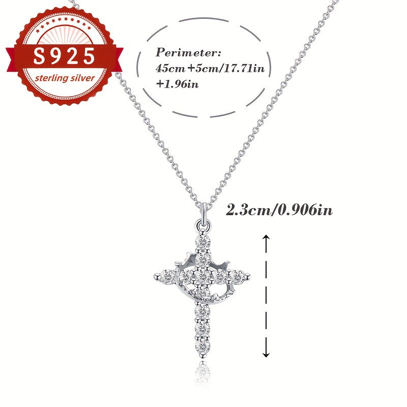Collier avec pendentif croix et couronne en argent sterling 925 pour femme – Bijou de luxe vintage hypoallergénique pour le quotidien, les vacances et les banquets, cadeau élégant