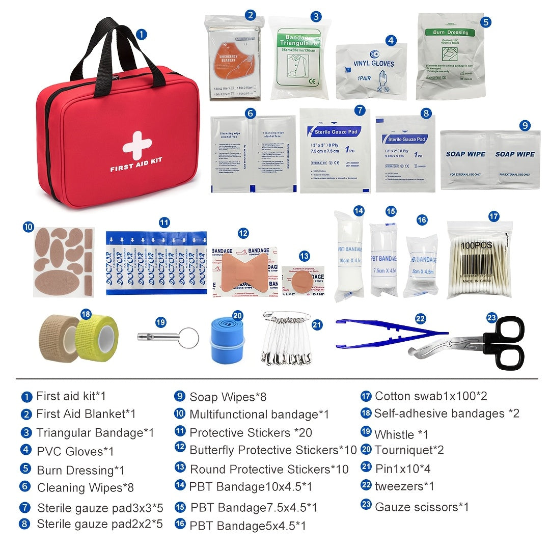 Trousse de premiers secours de 338 pièces, kit médical d'urgence compact et imperméable - Fournitures d'urgence pour la maison, le bureau, la voiture, les voyages, le camping, la randonnée et le bateau, rouge
