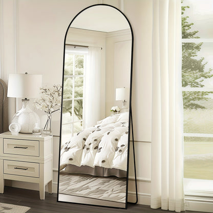 Miroir sur pied pleine longueur à sommet cintré – Miroir plein corps avec support pour chambre, salon et dressing, peut être fixé au mur, disponible en 3 tailles et 2 coloris (noir et doré)