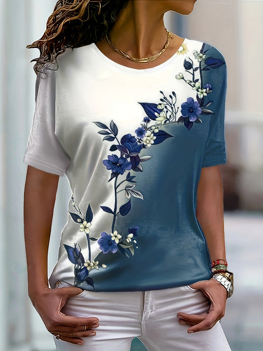 T-shirt femme à imprimé floral, manches courtes, col rond, coupe ajustée, haut décontracté style color block, tendance été, streetwear S M L XL XXL