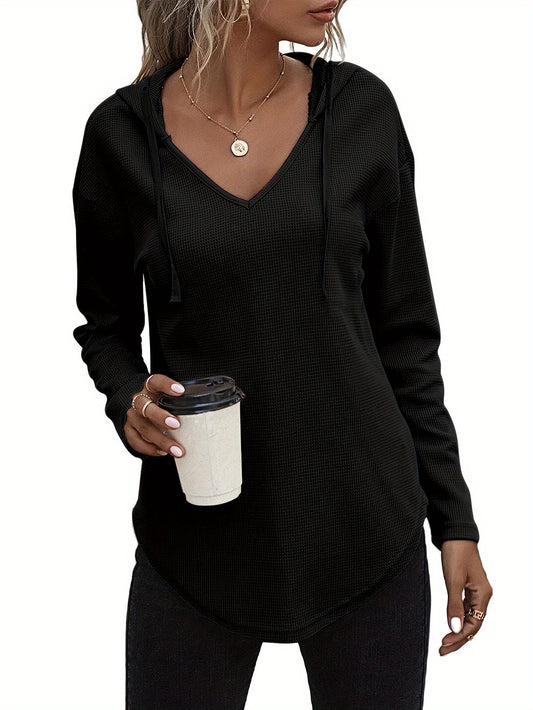 Sweat-shirt à capuche pour femme avec ourlet asymétrique, col en V et cordon de serrage - Pull décontracté à manches longues en maille pour l'automne et l'hiver