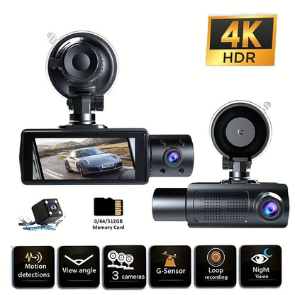 Dashcam 3 canaux avec vision nocturne infrarouge et application smartphone – Caméra avant, arrière et intérieure avec enregistrement en boucle, objectif grand angle, carte mémoire 64 Go/512 Go en option pour voitures, camions et covoiturage