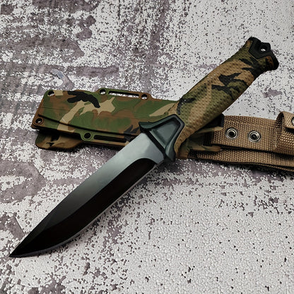 Couteau à lame fixe pour extérieur – Lame droite en acier inoxydable, manche antidérapant, étui type K, couteau EDC pour chasse, pêche, camping, survie, camouflage, outil de terrain polyvalent pour hommes