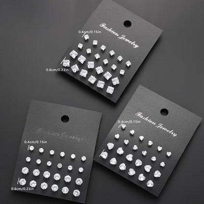 Lot de 72 boucles d'oreilles puces en zircon pour femmes et hommes, ensemble géométrique cœur, rond, carré, bijoux fantaisie étincelants en cristal, cadeau hypoallergénique