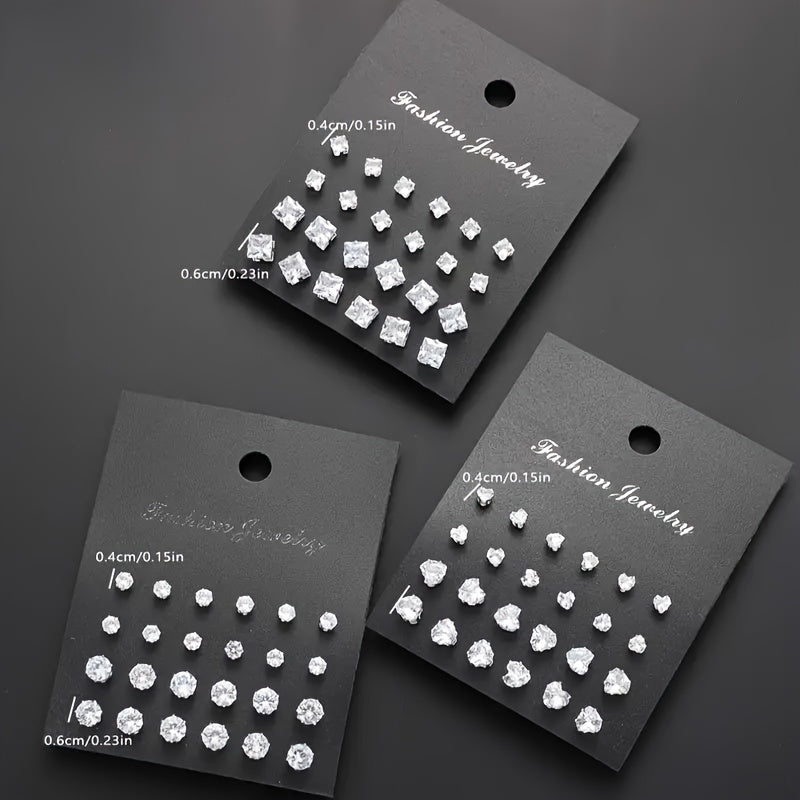 Lot de 72 boucles d'oreilles puces en zircon pour femmes et hommes, ensemble géométrique cœur, rond, carré, bijoux fantaisie étincelants en cristal, cadeau hypoallergénique