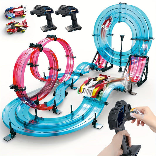 Circuit de voiture télécommandée avec rails, jeu de construction de circuit 3D pour voitures avec 2 voitures et 2 télécommandes – Cadeau STEM pour garçons et filles de 6 ans et plus