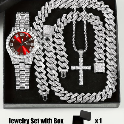 Parure de bijoux 4 pièces avec montre strass et pendentif croix, montre-bracelet analogique à quartz, collier, bracelet et boucles d'oreilles, cadeau unisexe pour lui ou elle, mariage