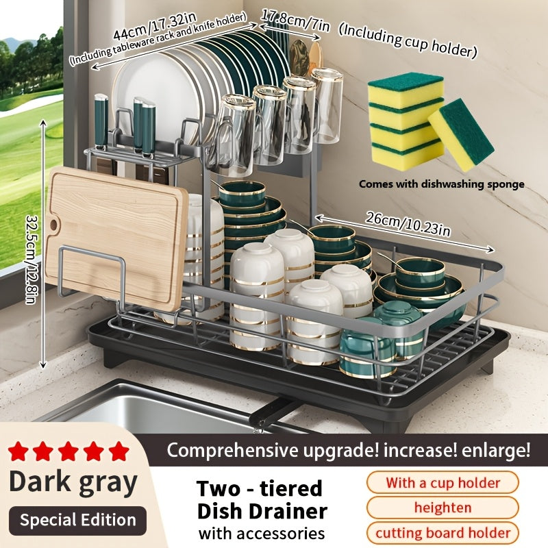 Égouttoir à vaisselle en métal à 2 niveaux avec porte-couverts, porte-gobelets et plateau d'égouttage antirouille – Égouttoir compact pour plan de travail de cuisine, égouttoir en acier durable pour tous types de surfaces
