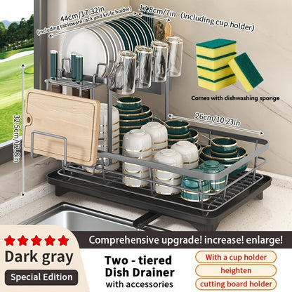Égouttoir à vaisselle en métal à 2 niveaux avec porte-couverts, porte-gobelets et plateau d'égouttage antirouille – Égouttoir compact pour plan de travail de cuisine, égouttoir en acier durable pour tous types de surfaces