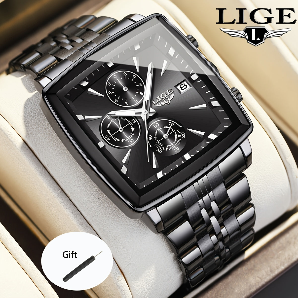Montre à quartz analogique carrée pour homme LIGE – Bracelet en acier inoxydable, affichage du calendrier, montre-bracelet style sport preppy pour hommes et adolescents, 8 options de couleur, cadeau d'anniversaire ou de remise de diplôme bleu noir doré