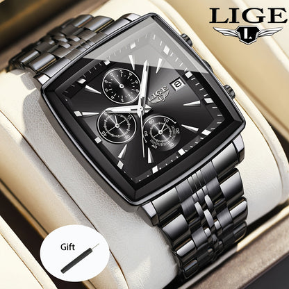 Montre à quartz analogique carrée pour homme LIGE – Bracelet en acier inoxydable, affichage du calendrier, montre-bracelet style sport preppy pour hommes et adolescents, 8 options de couleur, cadeau d'anniversaire ou de remise de diplôme bleu noir doré
