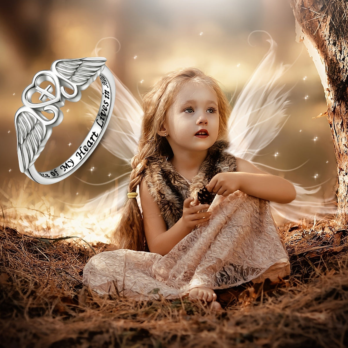 Bague commémorative aile d'ange en argent sterling S925 – Une partie de mon cœur vit au ciel, plaquée rhodium, cadeau de sympathie pour la perte d'une maman, d'un papa, d'un grand-parent, d'une fille ou d'un fils, tailles 5-10