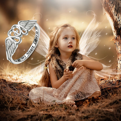 Bague commémorative aile d'ange en argent sterling S925 – Une partie de mon cœur vit au ciel, plaquée rhodium, cadeau de sympathie pour la perte d'une maman, d'un papa, d'un grand-parent, d'une fille ou d'un fils, tailles 5-10