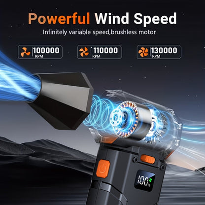 Souffleur turbo 130 000 tr/min avec charge rapide USB-C, affichage intelligent et éclairage LED – 100 réglages de vitesse pour le nettoyage de voiture, le dépoussiérage, le soufflage de feuilles, le barbecue et le refroidissement – Noir et orange